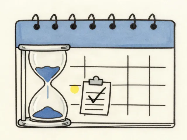 Line drawing of a wall calendar with a blue header, an hourglass with blue sand on the left and a clipboard with a check mark on the calendar grid, on a cream background.