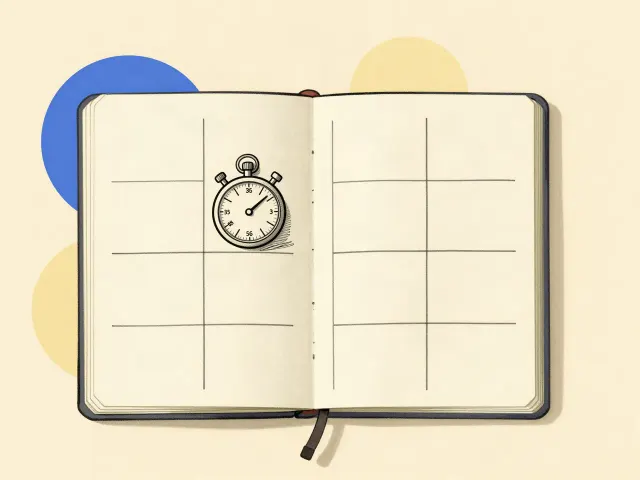 Line drawing of an open notebook with a blank ruled grid on a cream background, a stopwatch resting on the left page, and flat blue and yellow circles behind it.